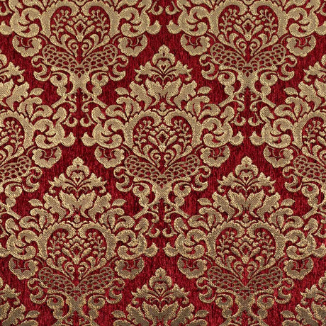 Cleopatra Chenille Upholstery Fabric - Ruby Red Gold Damask Print, 56" Width (1 Yard)