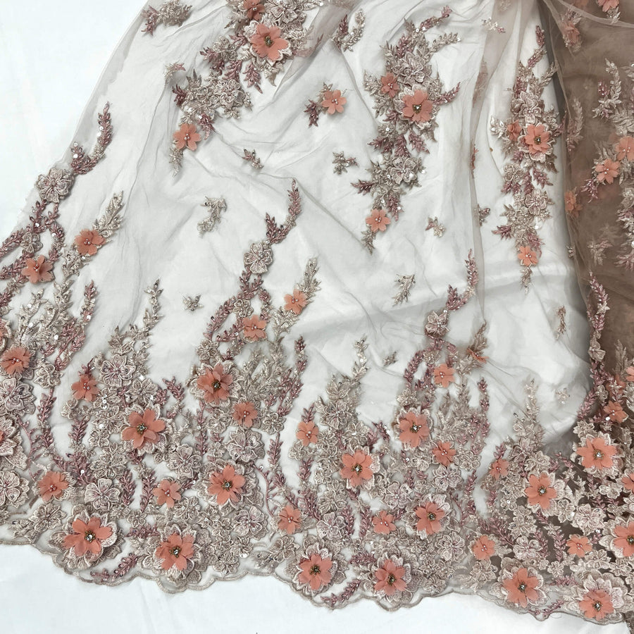 1 Yard Beaded 3D Floral Lace Fabric Embroidered on 100% Polyester Net Mesh | Lace USA - GD-2880 - Off White, White, Ivory, Blush, Champagne, Navy, Black, Red, and Silver