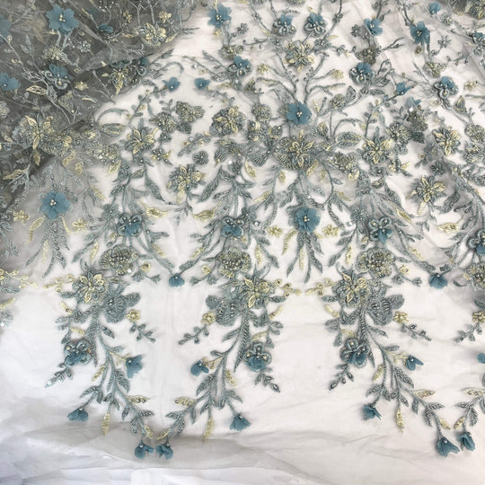 1 Yard Beaded 3D Floral Lace Fabric Rhinestone Embroidered 100 Percent Polyester Net Mesh 51 inch Width