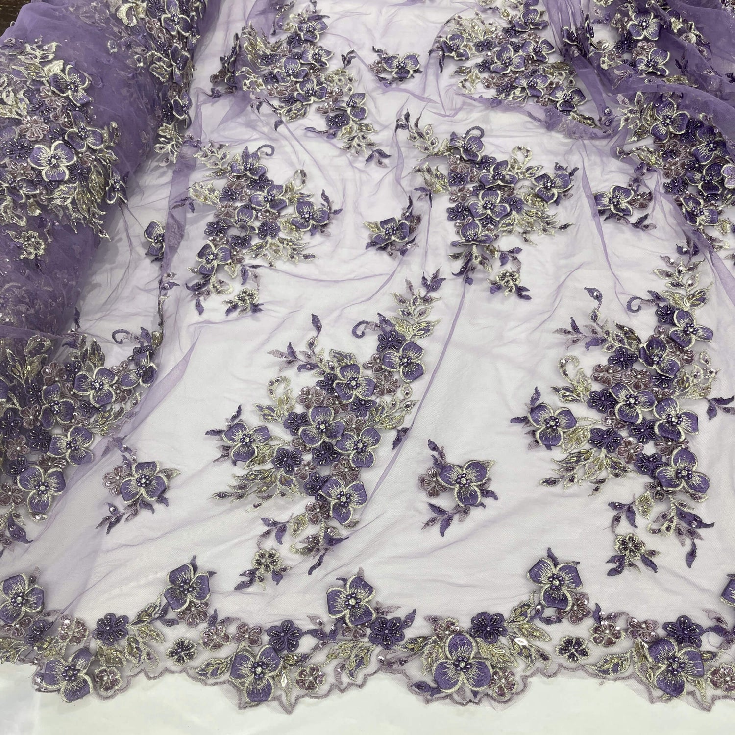 3D Beaded Floral Lace Mesh Fabric