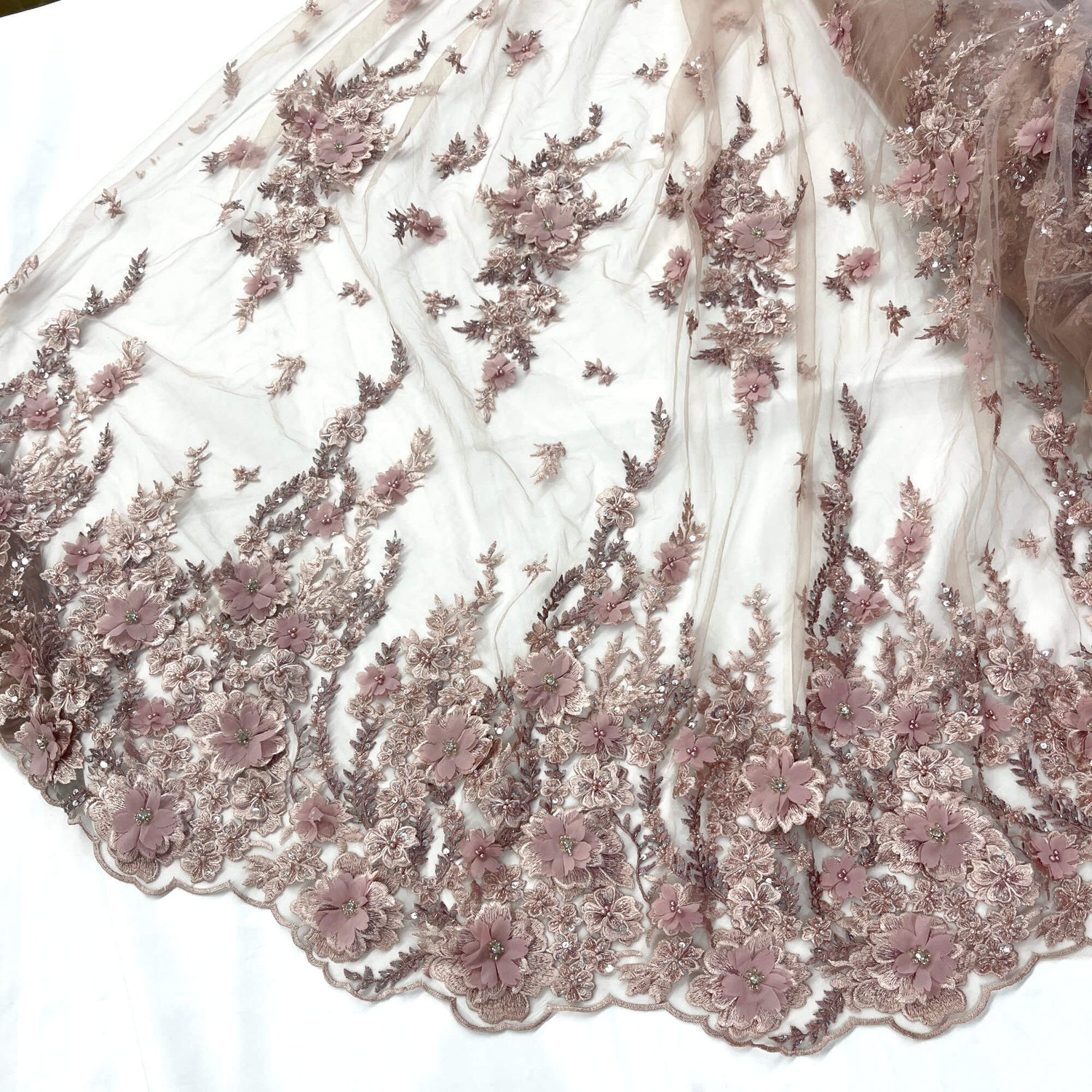 Beaded 3D Floral Lace Mesh