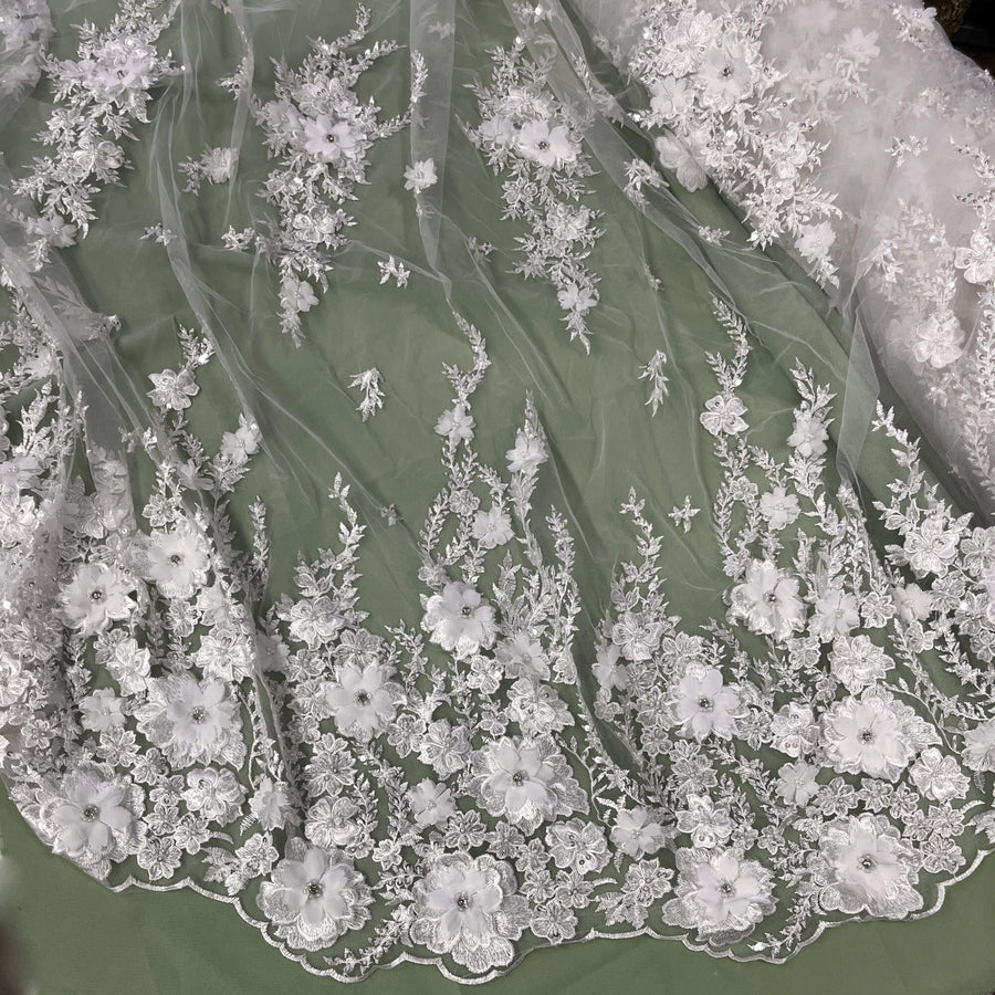 1 Yard Beaded 3D Floral Lace Fabric Embroidered on 100% Polyester Net Mesh | Lace USA - GD-2880 - Off White, White, Ivory, Blush, Champagne, Navy, Black, Red, and Silver