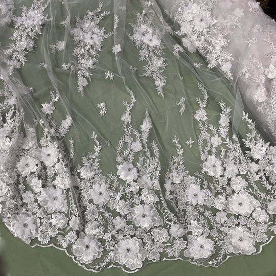 1 Yard Beaded 3D Floral Lace Fabric Embroidered 100 Percent Polyester Net Mesh 51 inch Width