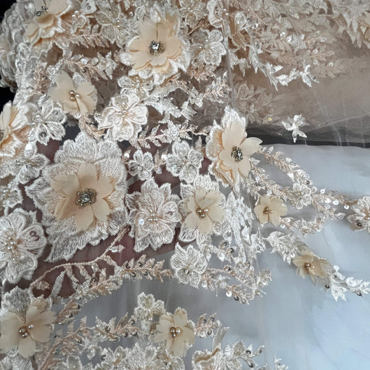 1 Yard Beaded 3D Floral Lace Fabric Embroidered 100 Percent Polyester Net Mesh 51 inch Width