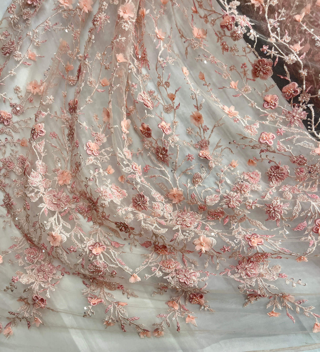 Beaded 3D Floral Lace Fabric