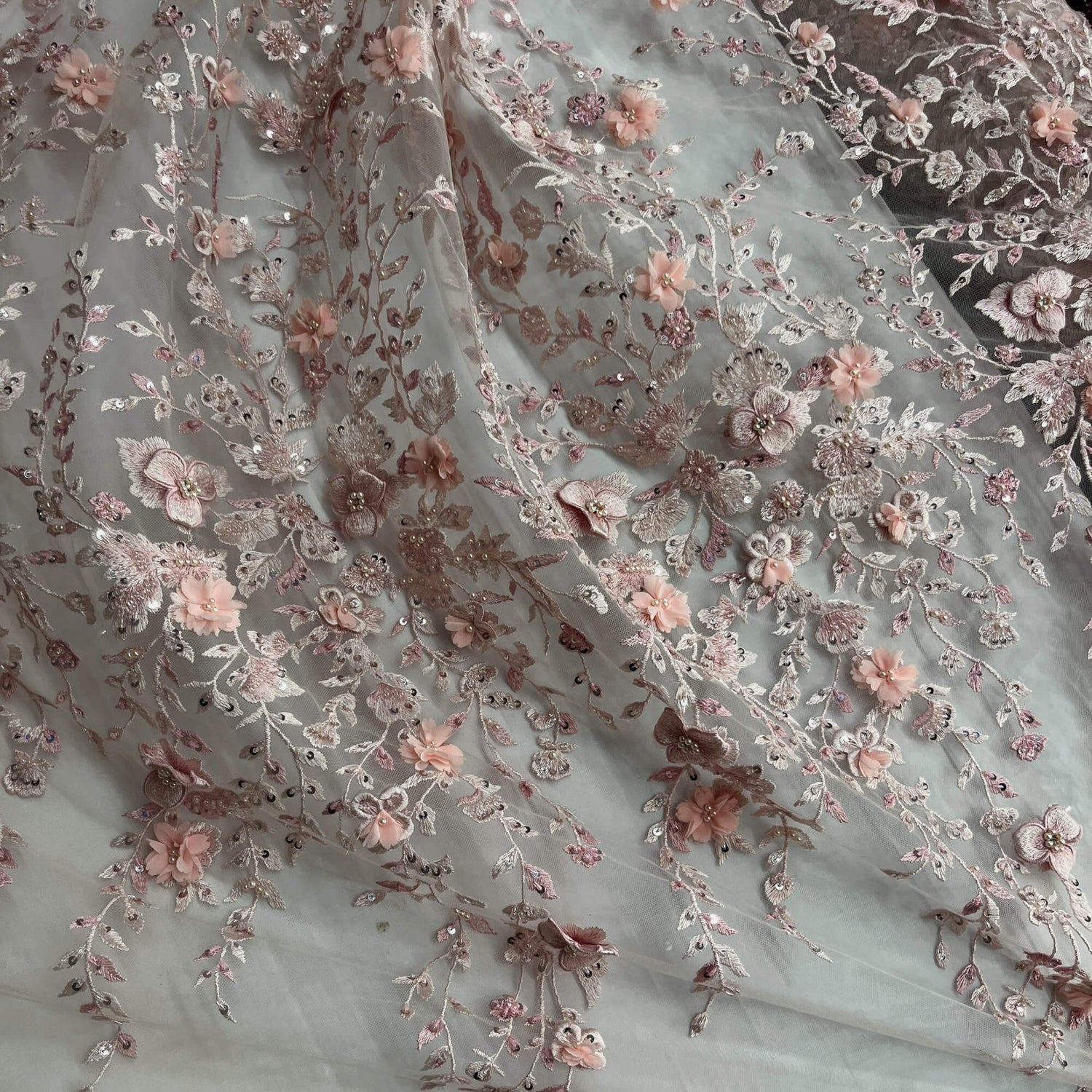 1 Yard Beaded Lace Fabric Embroidered 100 Percent Polyester Net Mesh 50 inch Width