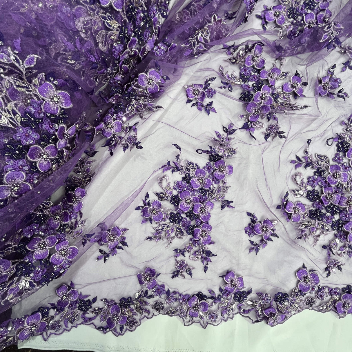 3D Beaded Floral Lace Mesh Fabric