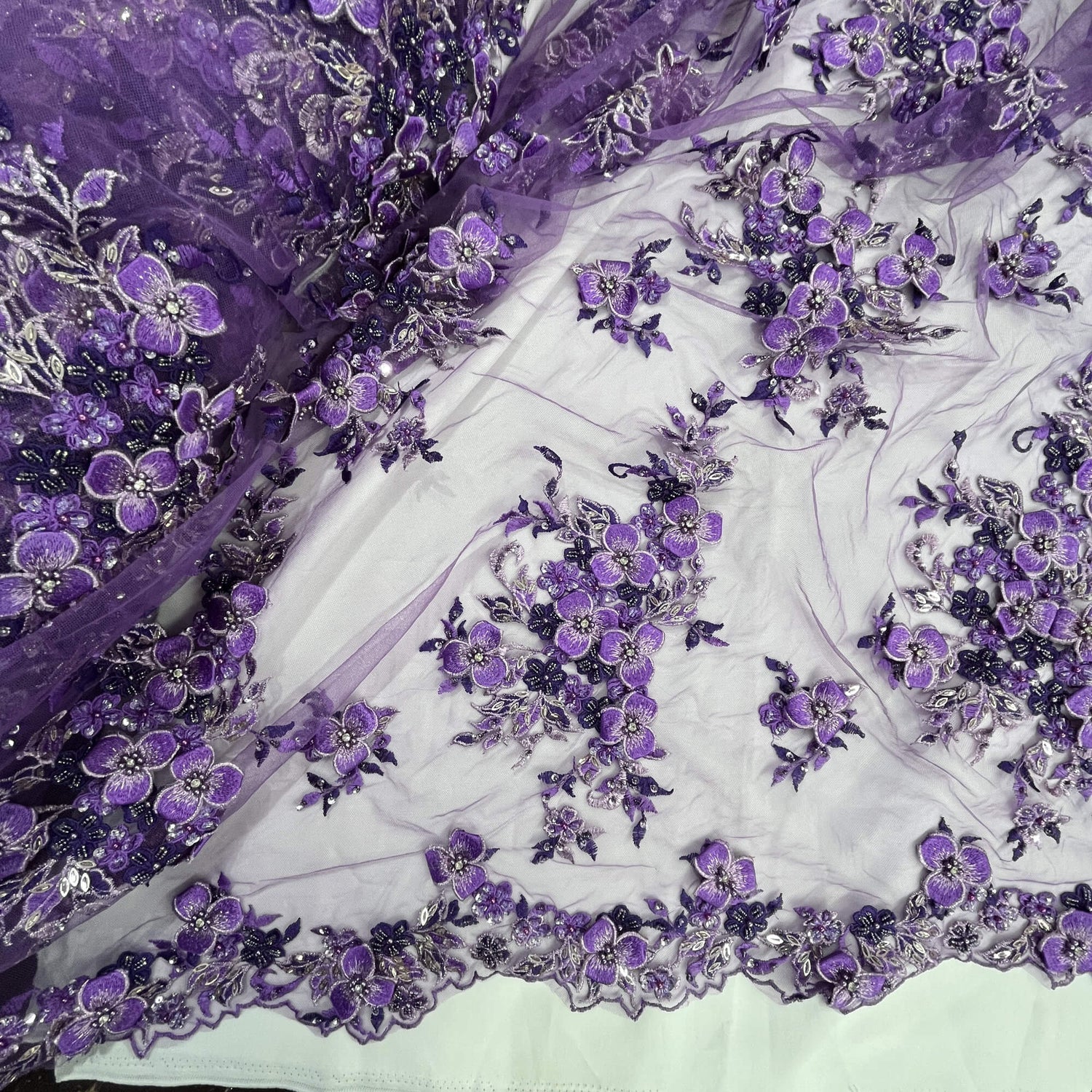 3D Beaded Floral Lace Mesh Fabric