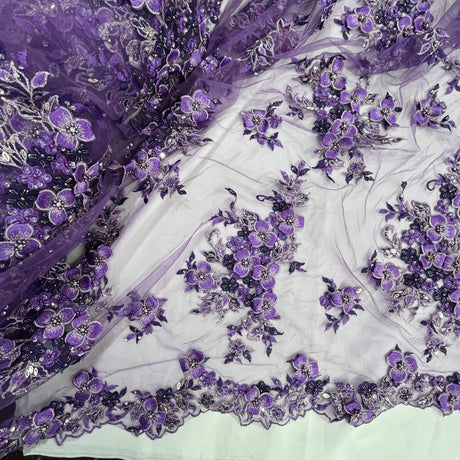 3D Beaded Floral Lace Mesh Fabric