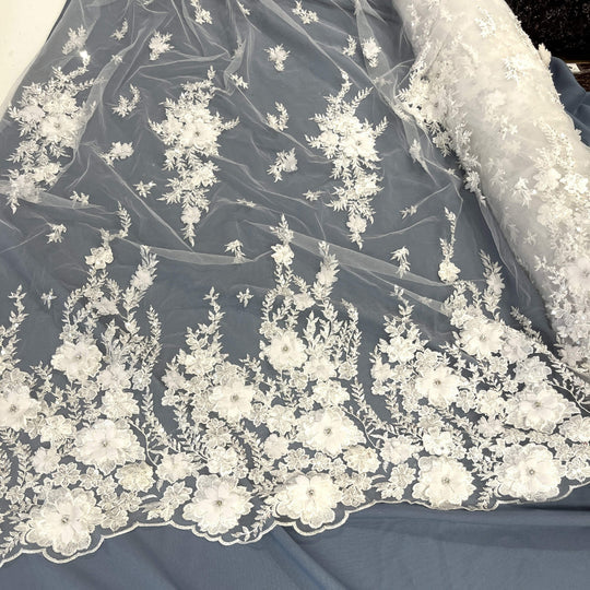 1 Yard Beaded 3D Floral Lace Fabric Embroidered 100 Percent Polyester Net Mesh 51 inch Width