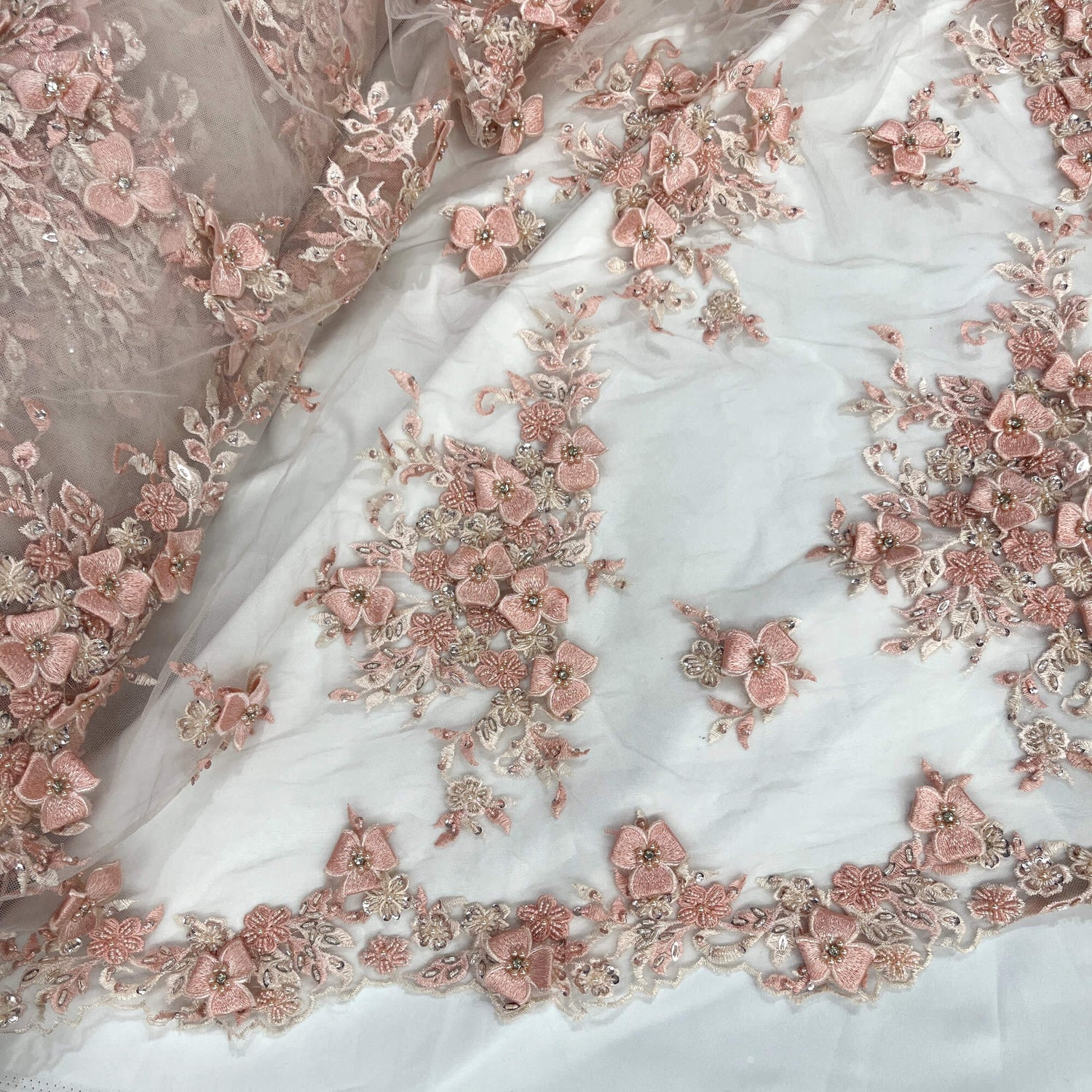 3D Beaded Floral Lace Mesh Fabric