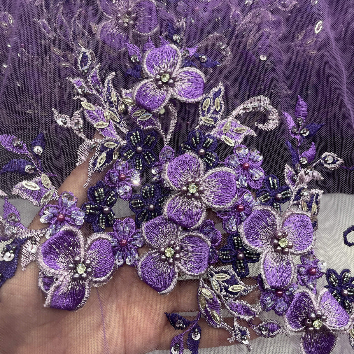 3D Beaded Floral Lace Mesh Fabric