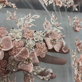 1 Yard 3D Beaded Floral Lace Fabric with Rhinestones – Embroidered Mesh with Scalloped Edges