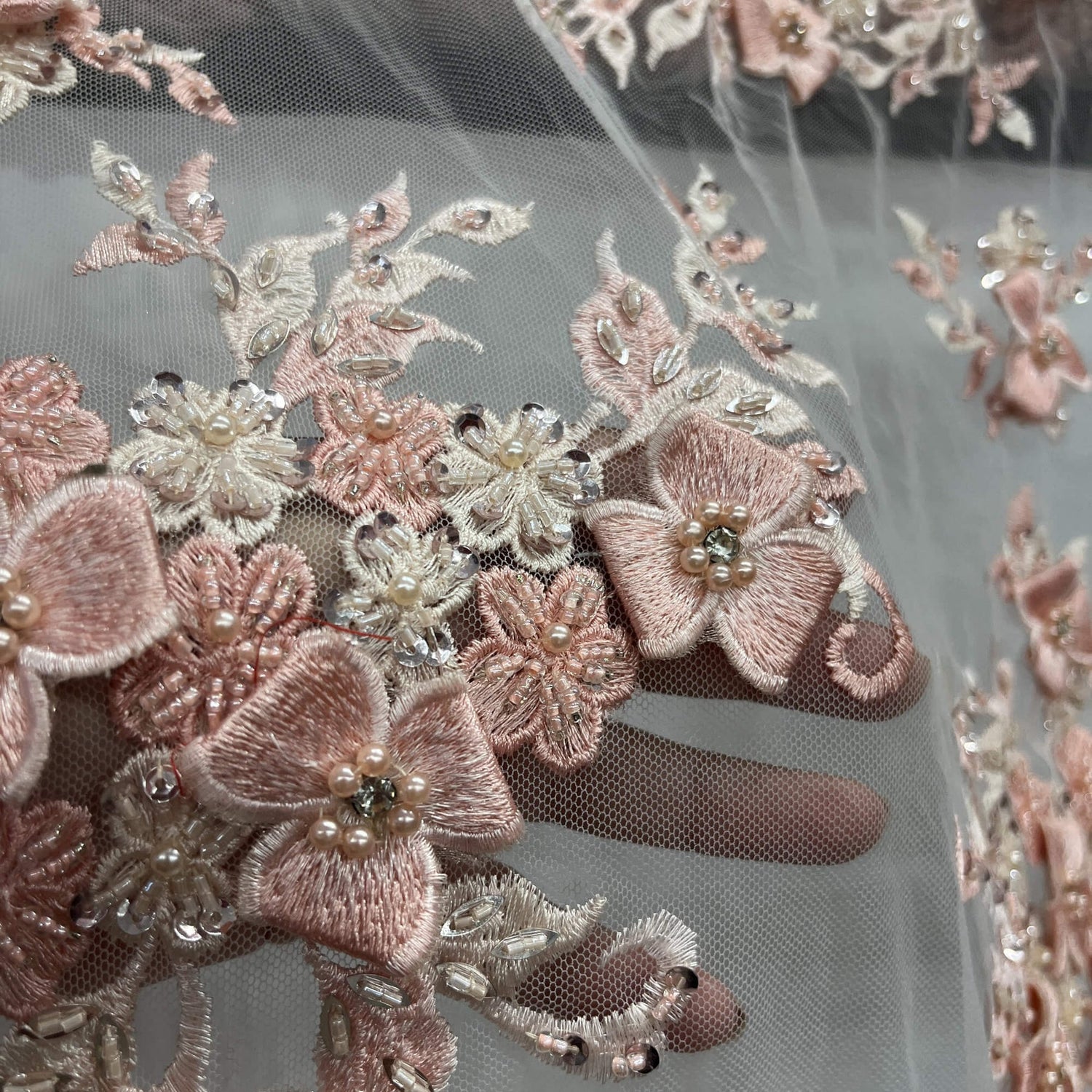 1 Yard 3D Beaded Floral Lace Fabric with Rhinestones, 51" Wide Embroidered Mesh