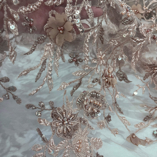 1 Yard Beaded 3D Floral Lace Fabric Rhinestone Embroidered 100 Percent Polyester Net Mesh 51 inch Width