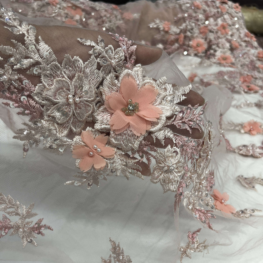 1 Yard Beaded 3D Floral Lace Fabric Embroidered on 100% Polyester Net Mesh | Lace USA - GD-2880 - Off White, White, Ivory, Blush, Champagne, Navy, Black, Red, and Silver