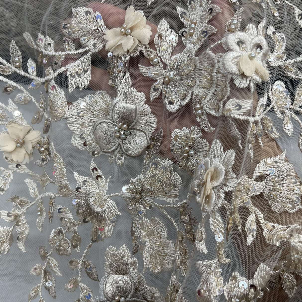 Beaded 3D Floral Lace Fabric Off White