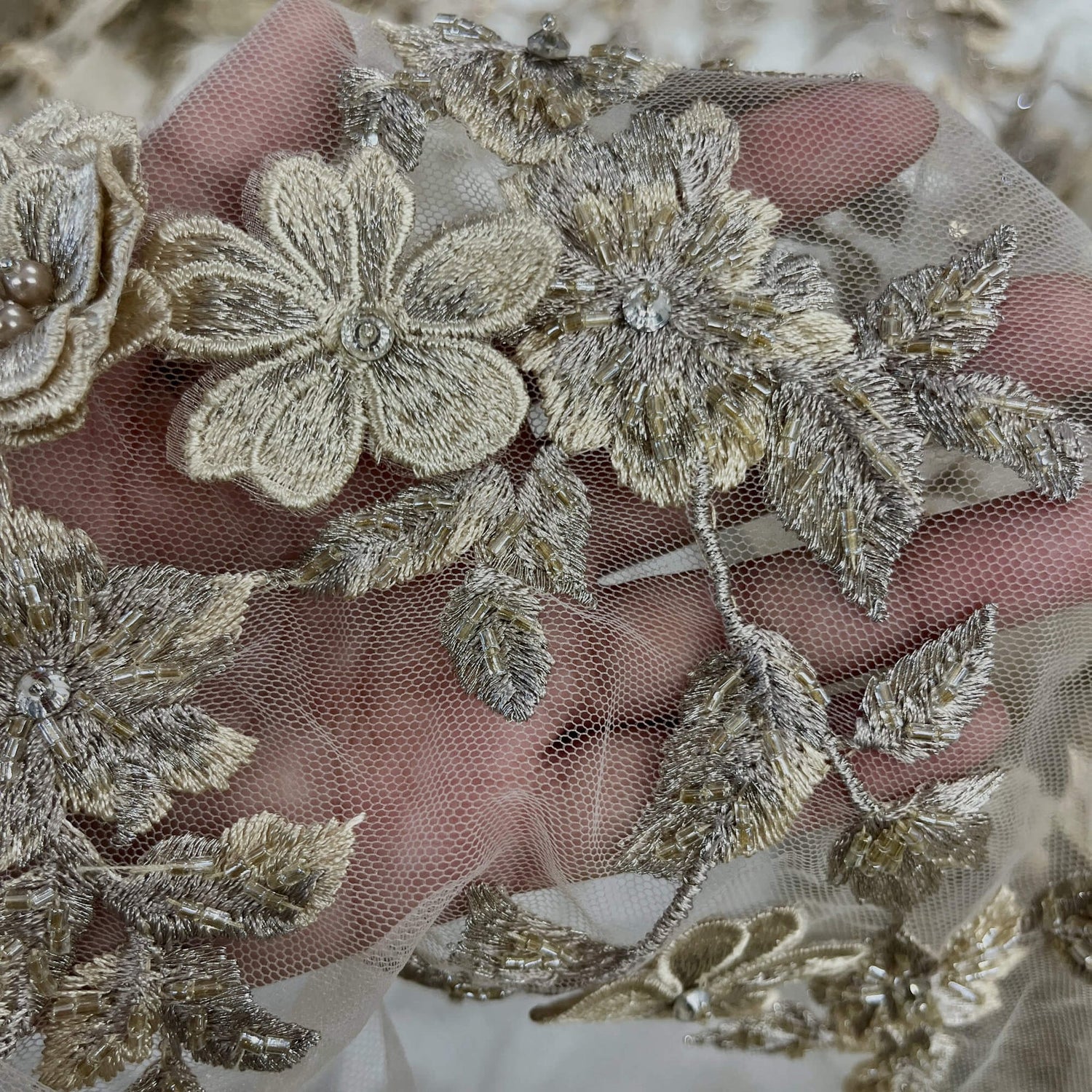 1 Yard 3D Beaded Floral Lace Fabric, Embroidered Mesh with Rhinestones & Scalloped Edges