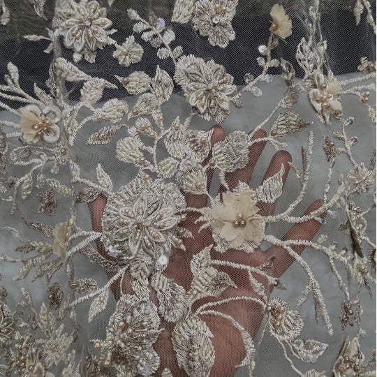 1 Yard Beaded 3D Floral Lace Fabric Rhinestone Embroidered 100 Percent Polyester Net Mesh 51 inch Width