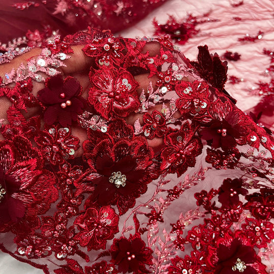 1 Yard Beaded 3D Floral Lace Fabric Embroidered 100 Percent Polyester Net Mesh 51 inch Width