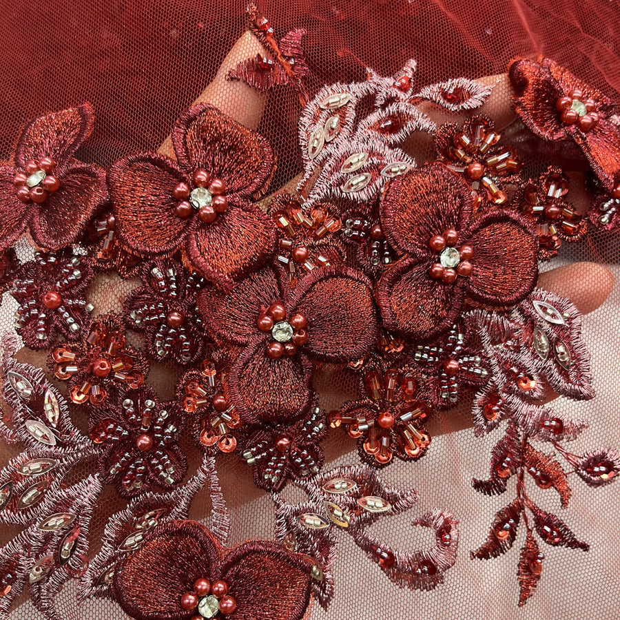 1 Yard 3D Beaded Floral Lace Fabric with Rhinestones – Embroidered Mesh with Scalloped Edges