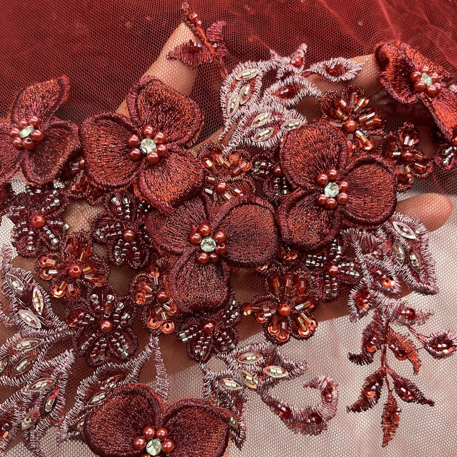 1 Yard 3D Beaded Floral Lace Fabric with Rhinestones, 51" Wide Embroidered Mesh