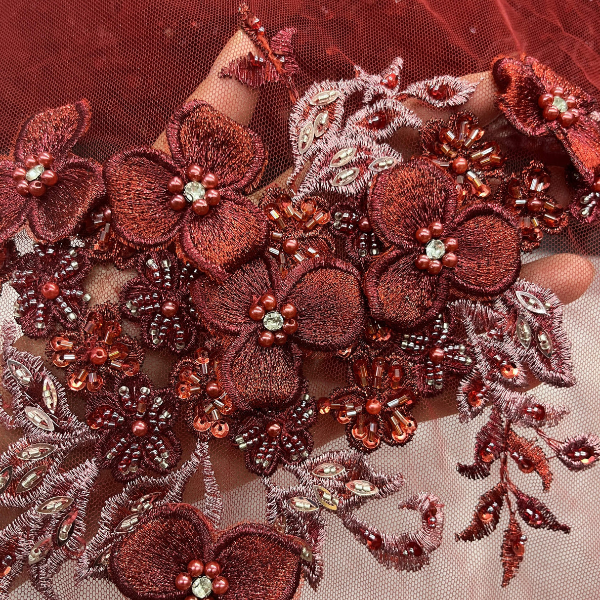 3D Beaded Floral Lace Mesh Fabric