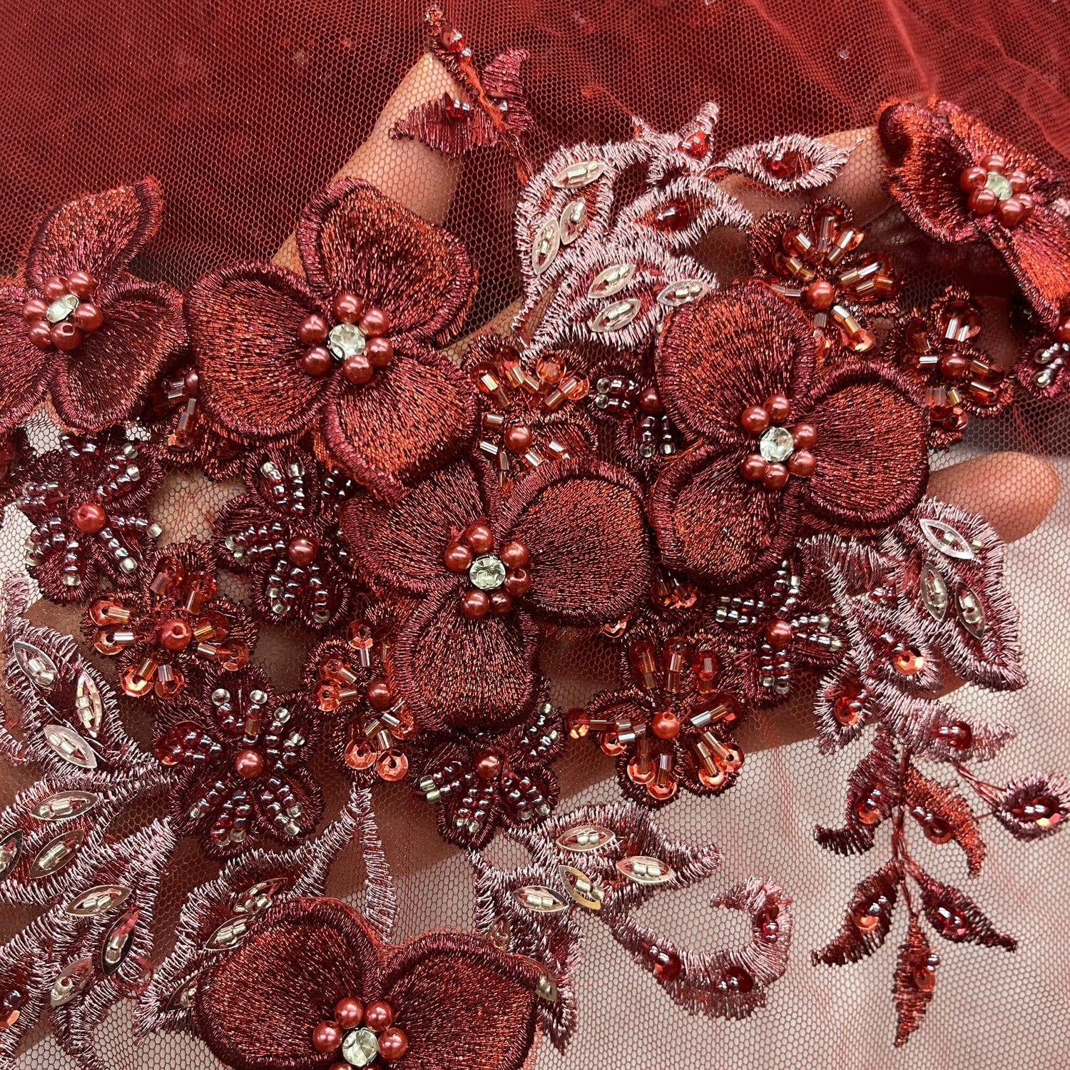 3D Beaded Floral Lace Mesh Fabric