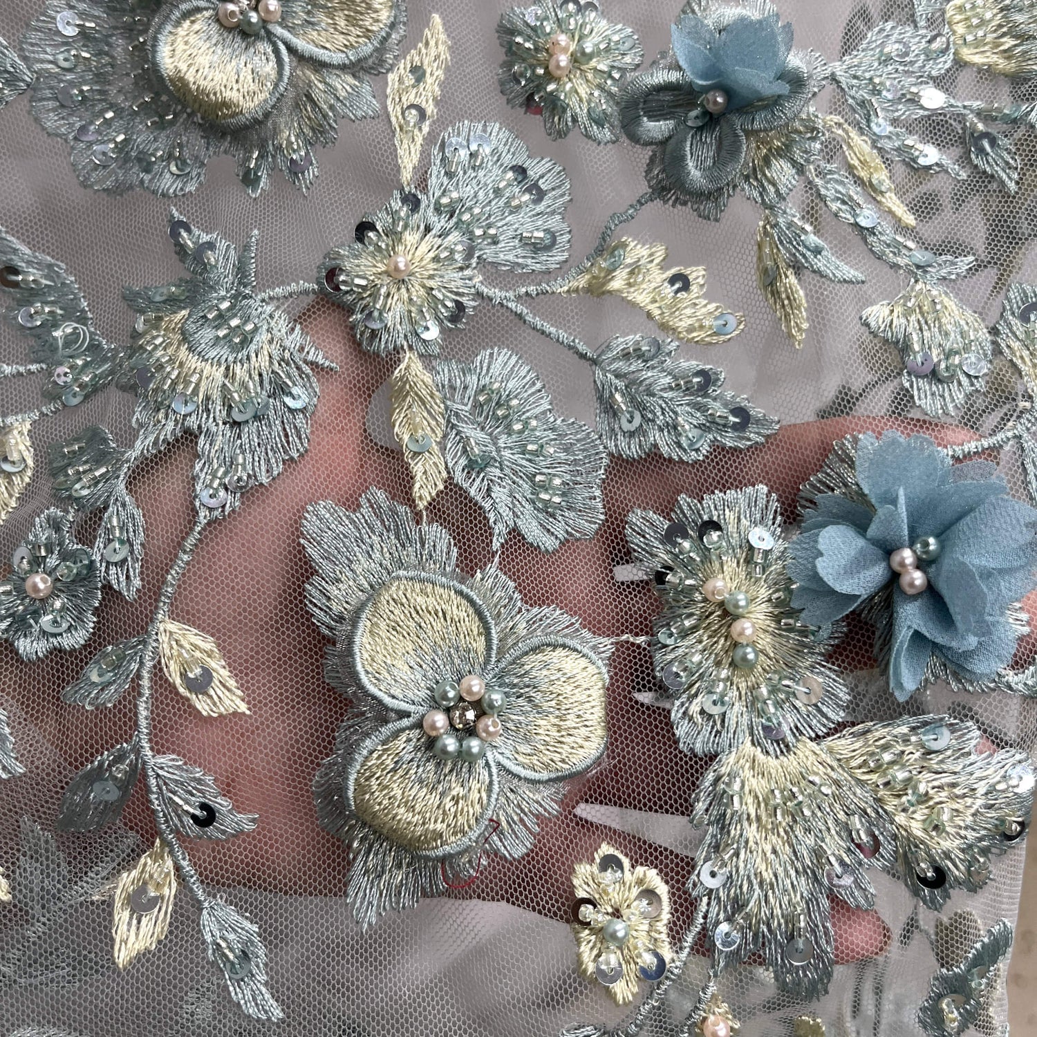 Beaded 3D Floral Lace Fabric Off White
