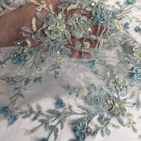 1 Yard Beaded 3D Floral Lace Fabric Rhinestone Embroidered 100 Percent Polyester Net Mesh 51 inch Width