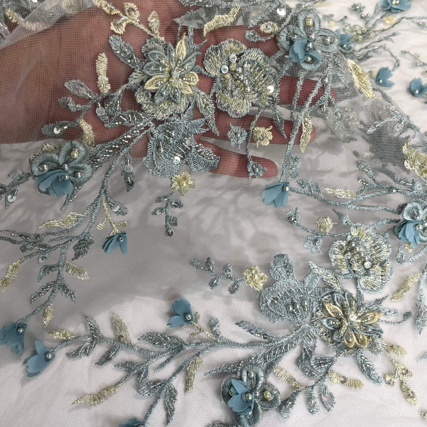 1 Yard Beaded 3D Floral Lace Fabric with Rhinestones – 51" Wide Embroidered Bridal & Evening Dress Lace