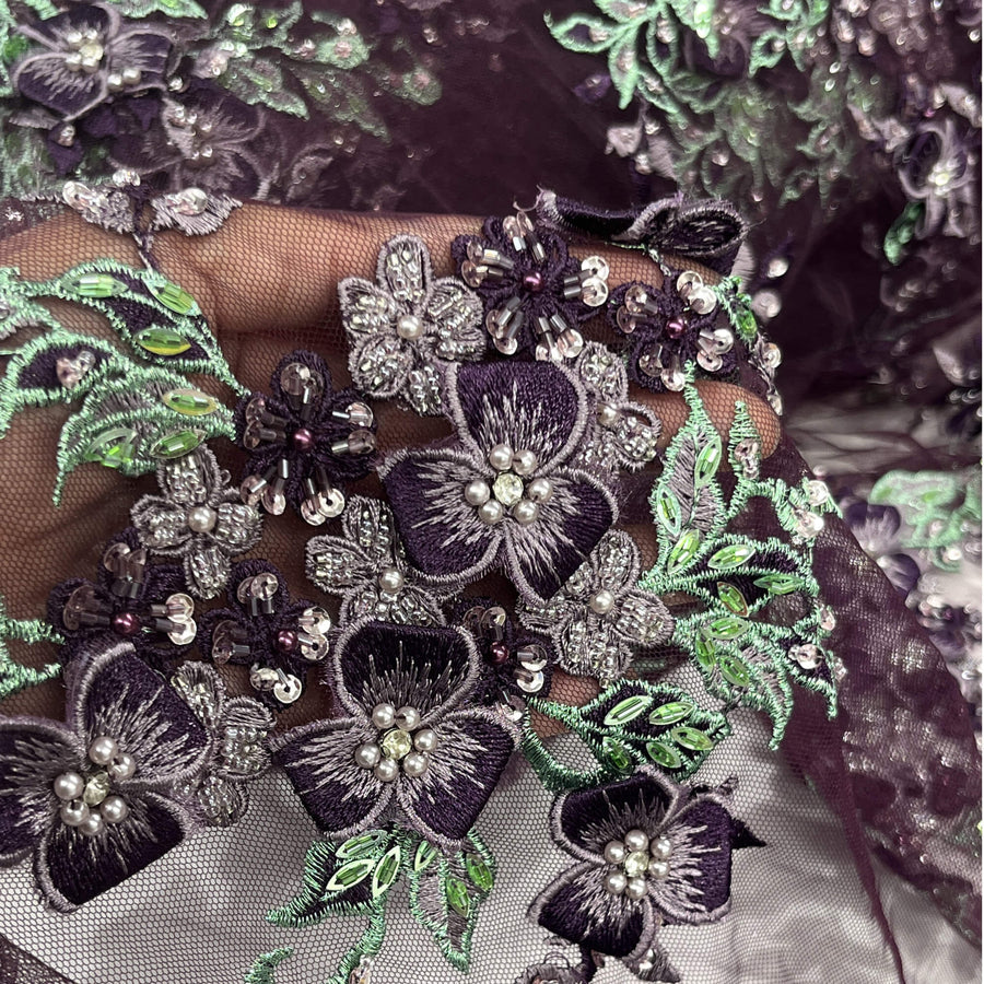 1 Yard 3D Beaded Floral Lace Fabric with Rhinestones – Embroidered Mesh with Scalloped Edges