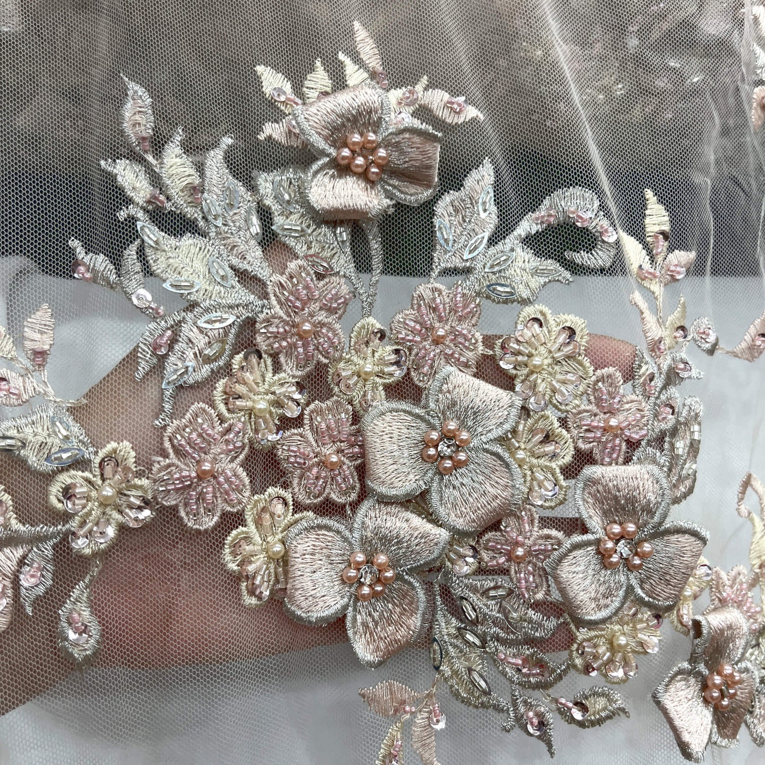 3D Beaded Floral Lace Mesh Fabric