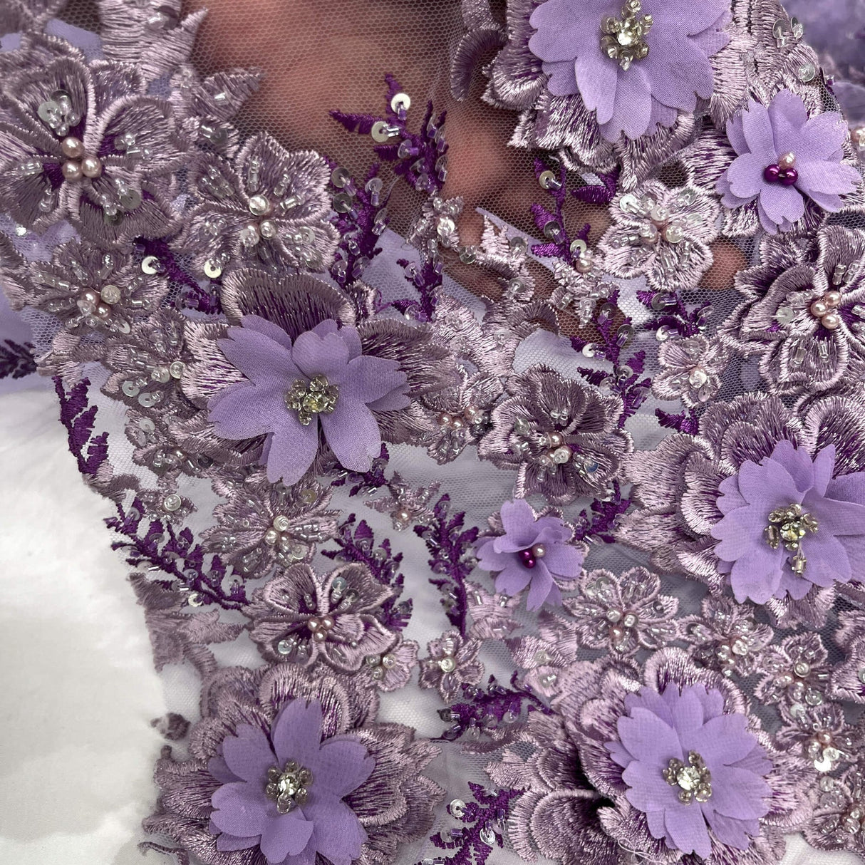 1 Yard Beaded 3D Floral Lace Fabric Embroidered on 100% Polyester Net Mesh