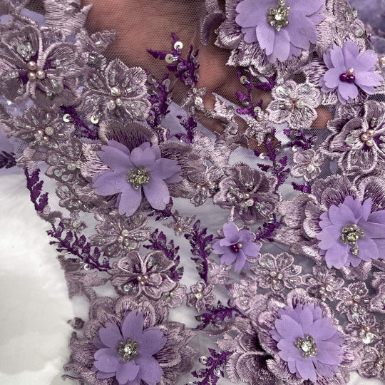1 Yard Beaded 3D Floral Lace Fabric Embroidered 100 Percent Polyester Net Mesh 51 inch Width