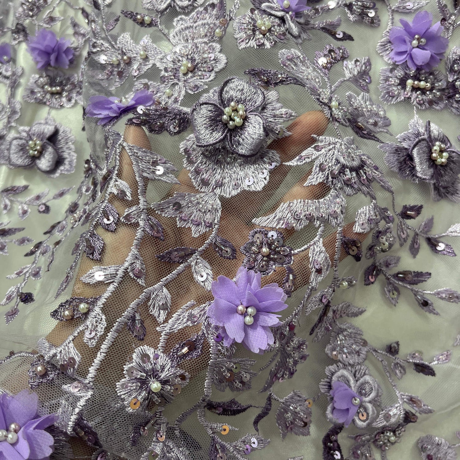 Beaded 3D Floral Lace Fabric Off White