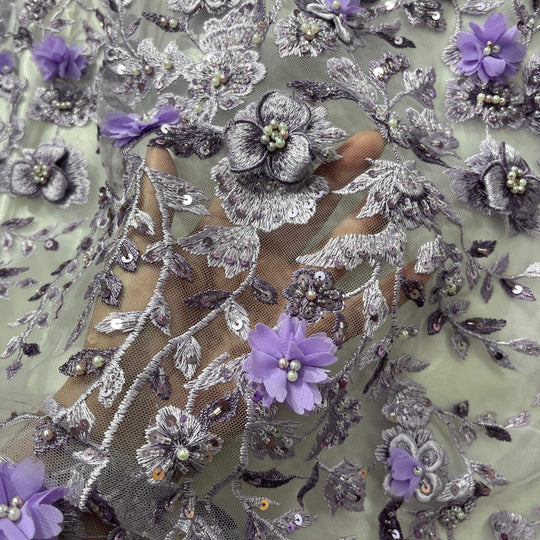 1 Yard Beaded 3D Floral Lace Fabric Embroidered 100 Percent Polyester Net Mesh 51 inch Width