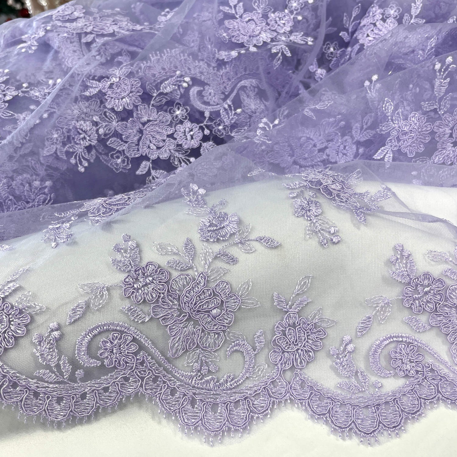 Corded Bridal Lace Fabric on Polyester Net Mesh