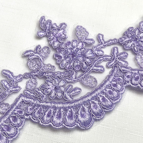 Beaded Corded Floral Scalloped Bridal Lace Trimming Polyester Fabric - Beaded Floral Scalloped, 4" Width (1 Yard)