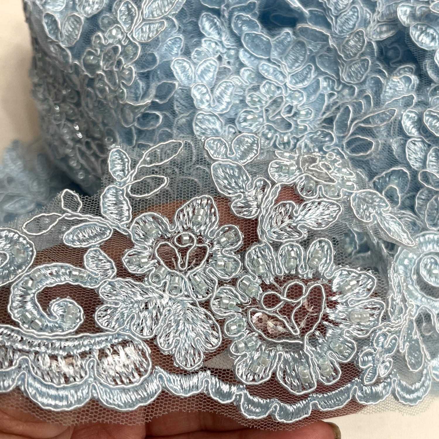 Beaded Corded Lace Trimming Polyester Fabric - Embroidered Net Mesh, 4" Width, 6 Color Schemes (1 Yard)