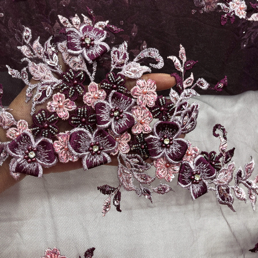 1 Yard 3D Beaded Floral Lace Fabric with Rhinestones – Embroidered Mesh with Scalloped Edges
