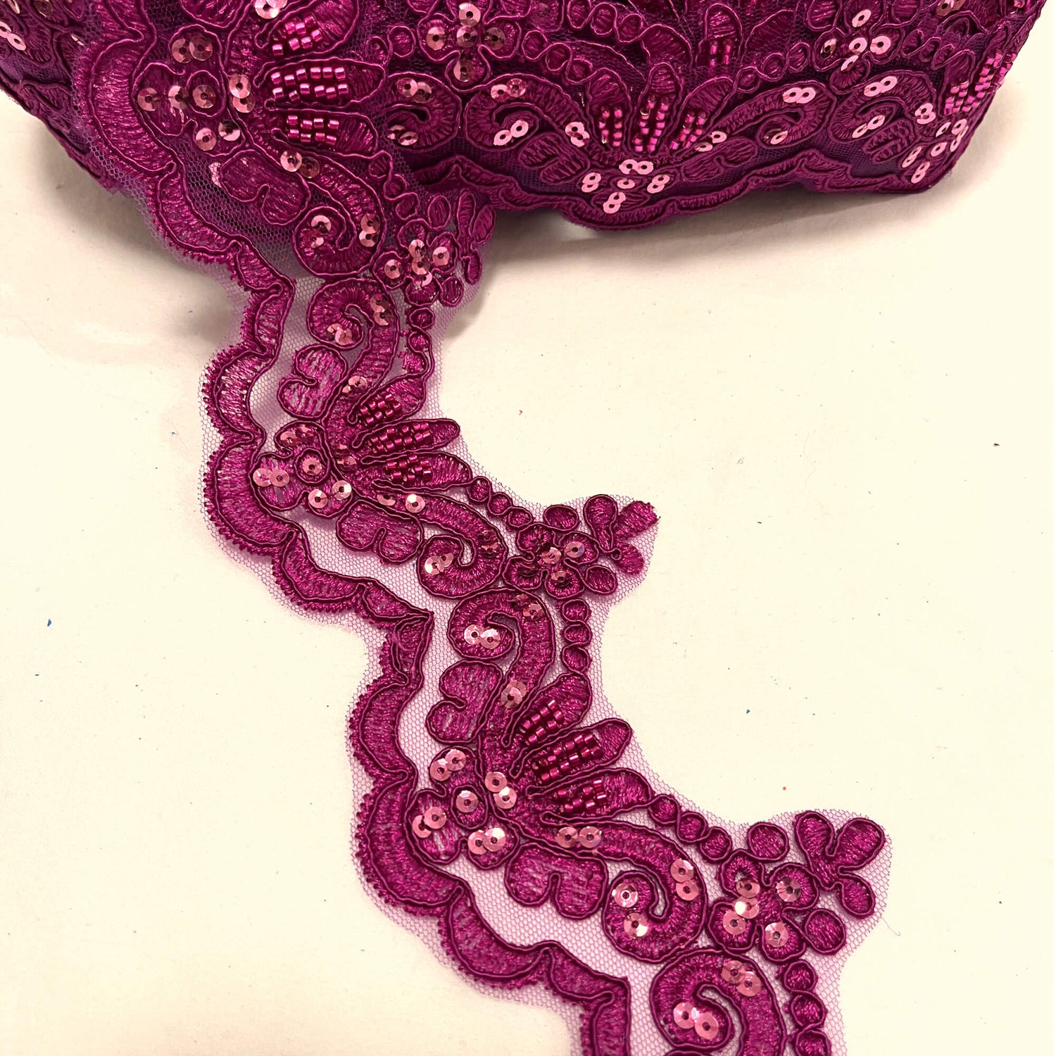 Beaded Corded Lace Trim on Polyester Net Mesh 3" Wide