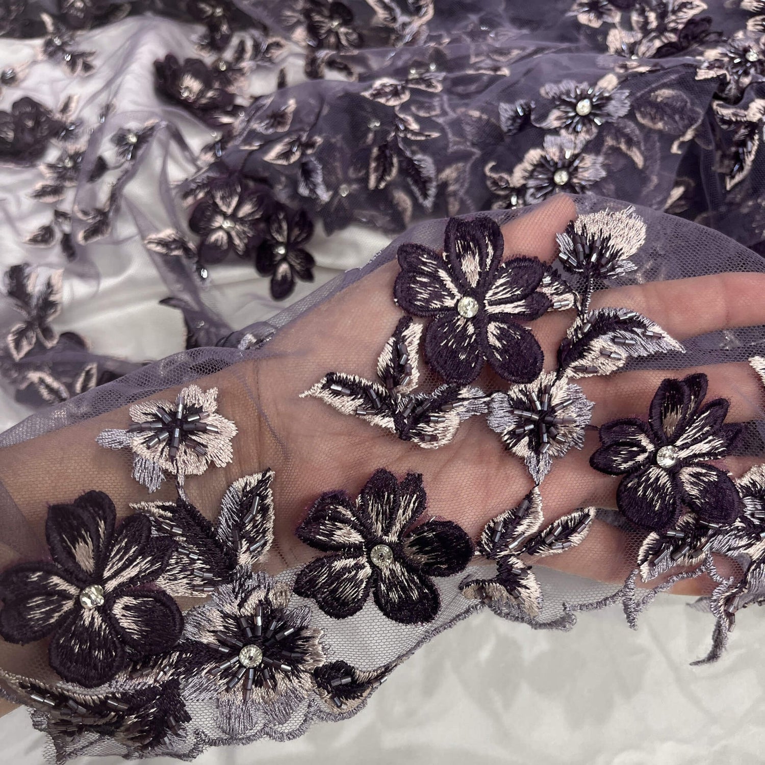 1 Yard 3D Beaded Floral Lace Fabric, Embroidered Mesh with Rhinestones & Scalloped Edges