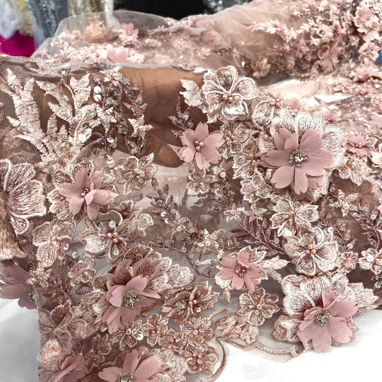 1 Yard Beaded 3D Floral Lace Fabric Embroidered 100 Percent Polyester Net Mesh 51 inch Width