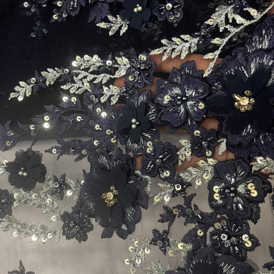 1 Yard Beaded 3D Floral Lace Fabric Embroidered on 100% Polyester Net Mesh | Lace USA - GD-2880 - Off White, White, Ivory, Blush, Champagne, Navy, Black, Red, and Silver