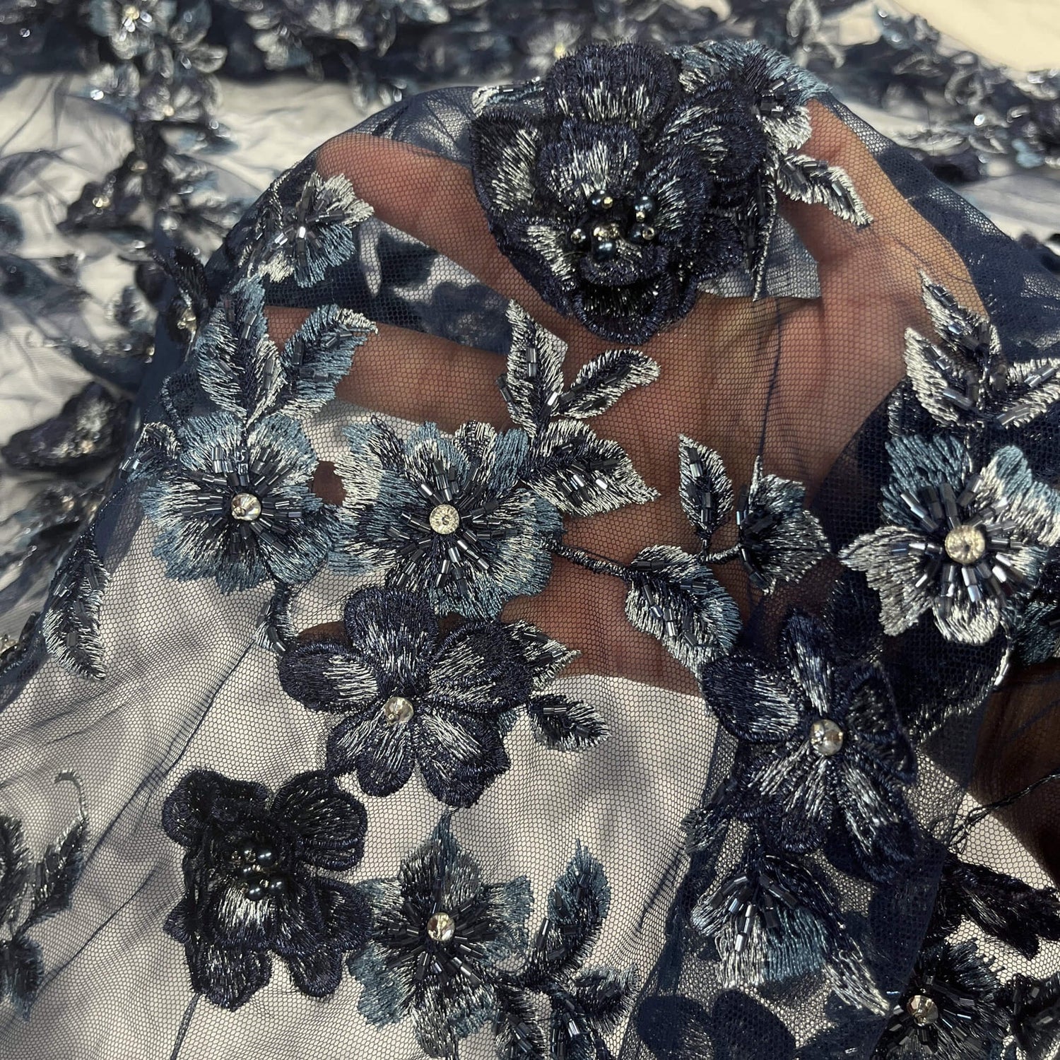 1 Yard 3D Beaded Floral Lace Fabric, Embroidered Mesh with Rhinestones & Scalloped Edges