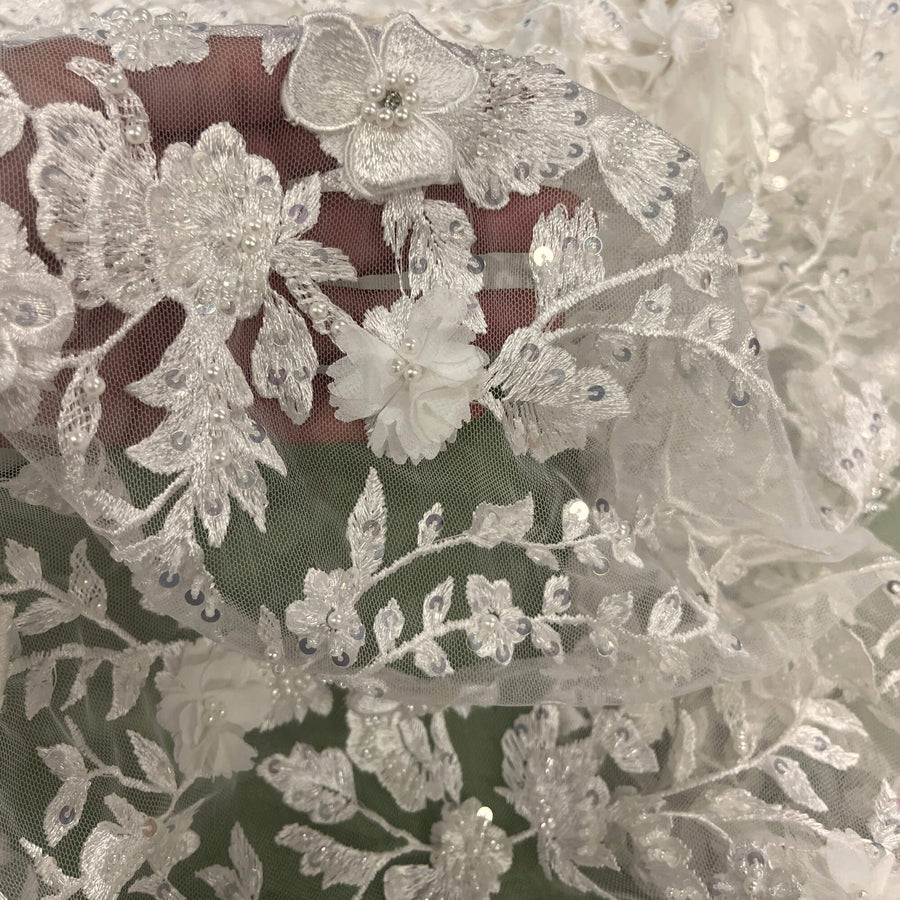 1 Yard Beaded 3D Floral Lace Fabric – Embroidered Bridal, Quinceañera Lace | Off White