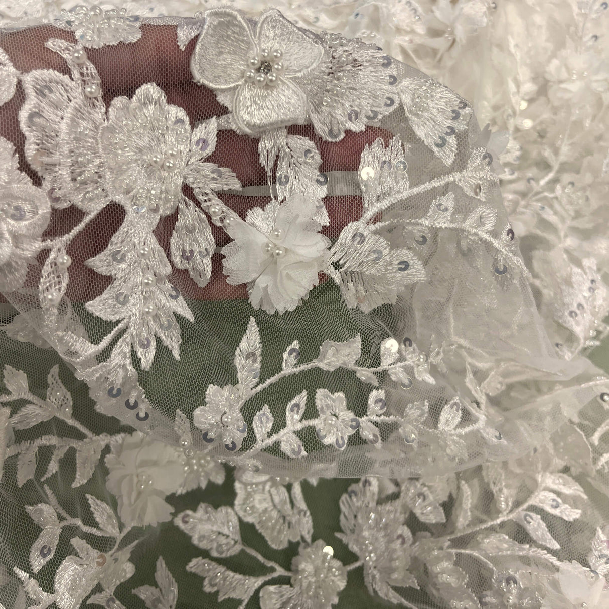 Beaded 3D Floral Lace Fabric Off White