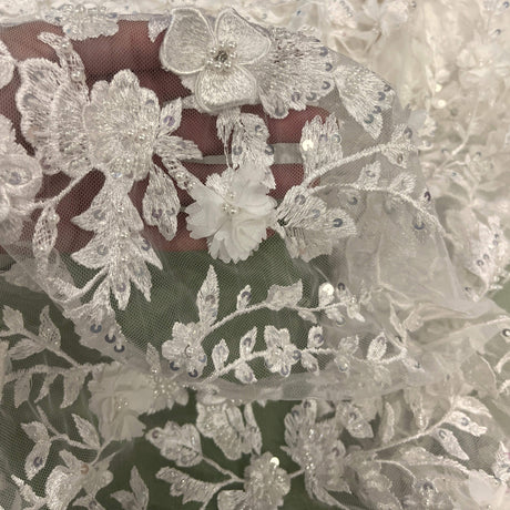 Beaded 3D Floral Lace Fabric Off White