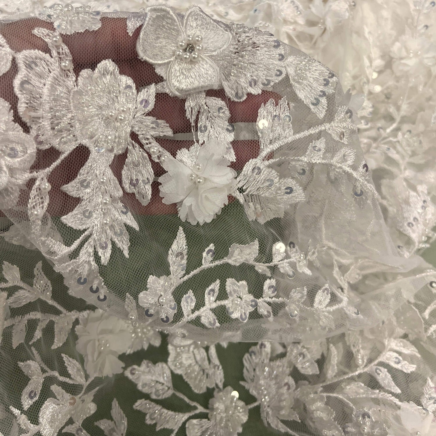 1 Yard Beaded 3D Floral Lace Fabric – 51" Wide Embroidered Bridal, Quinceañera & Evening Dress Lace